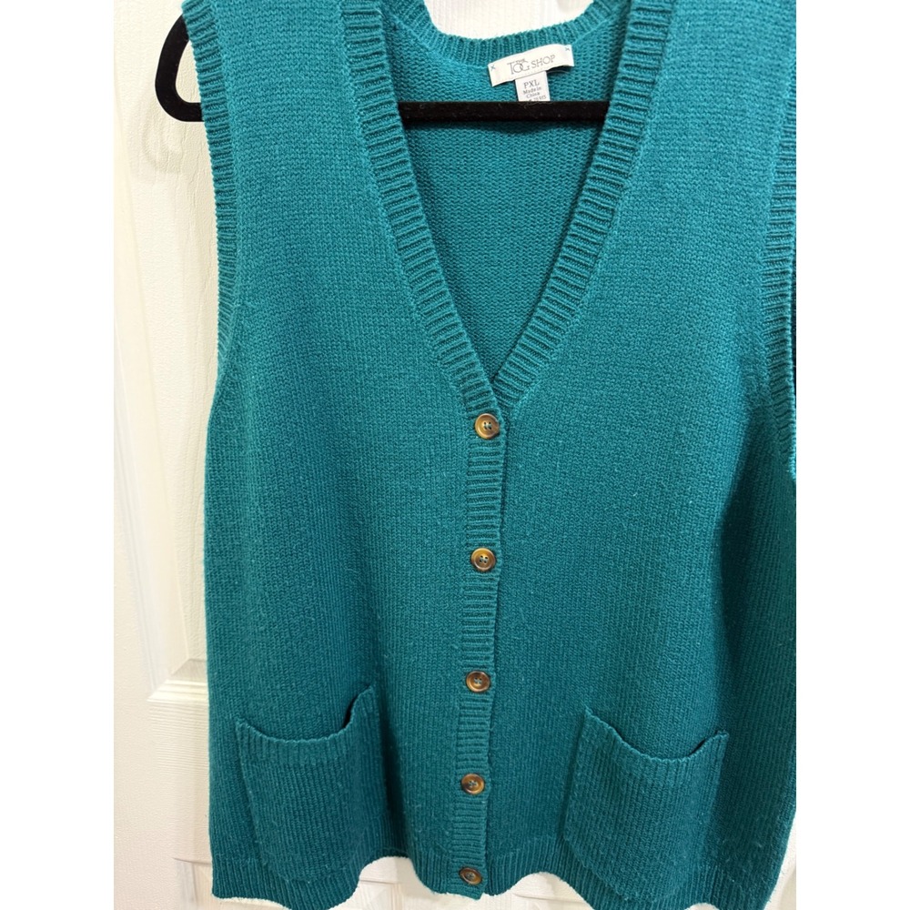 The Tog Shop Teal Knit Cardigan Vest PXL Petite XL Button Front Pockets V-Neck